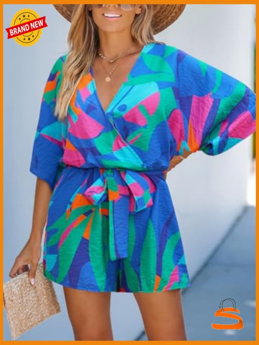 Boho Floral Romper Short Sleeve V Neck Tie Waist Summer Jumpsuit - Picture 3 of 6